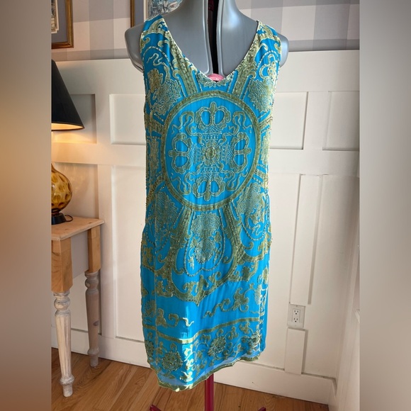 Hale Bob Silk Turquoise and Gold Mini Dress Size XS - Picture 2 of 9